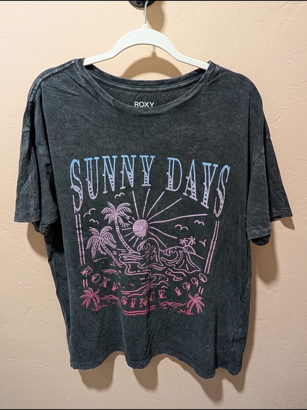 Roxy Sunny Days Acid Wash Gray Oversized Palm Beach Theme T-shirt Size Large